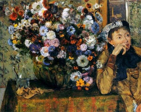 花と花瓶のそばに座っている女性   Edgar Degas